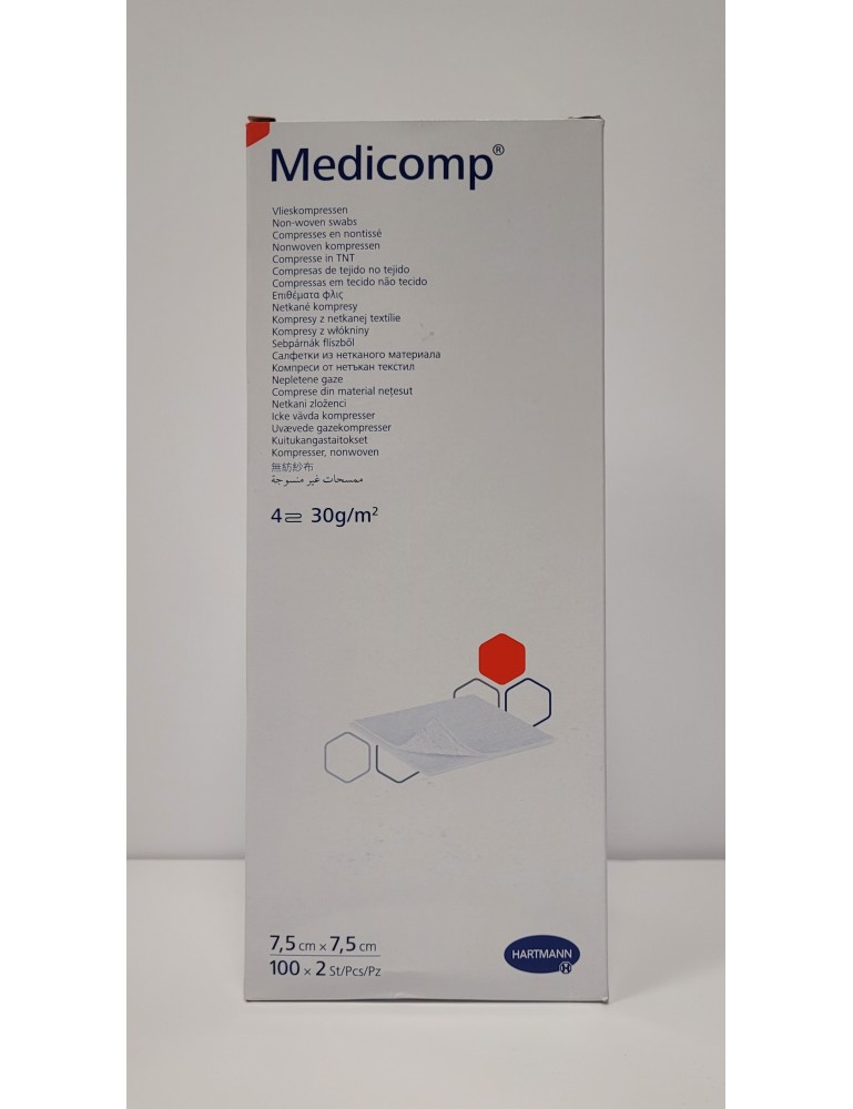 Compresses non tissées stériles MEDICOMP 4 plis 7.5x7.5cm 30G (Boîte de 100 sachets de 2)