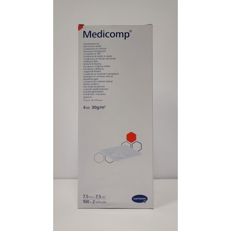 Compresses non tissées stériles MEDICOMP 4 plis 7.5x7.5cm 30G (Boîte de 100 sachets de 2)